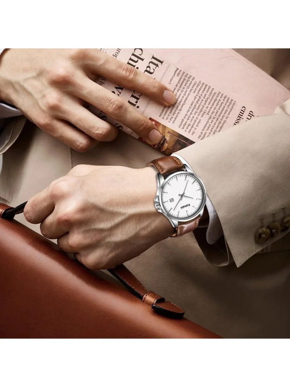 Men's Brown White Minimalist Fashion Leather Strap Classic Analog Quartz Watch